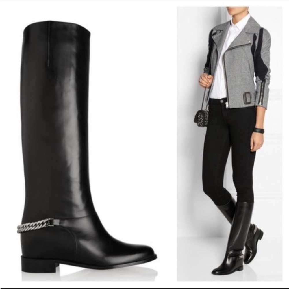 Christian Louboutin cate flat riding boots leather chain black silver 35
